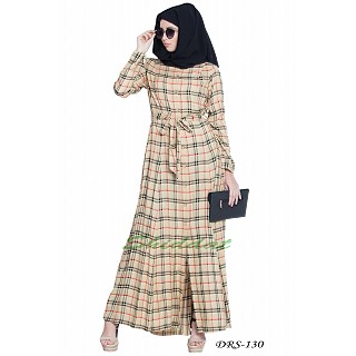 Front open Dress with belt- Beige check